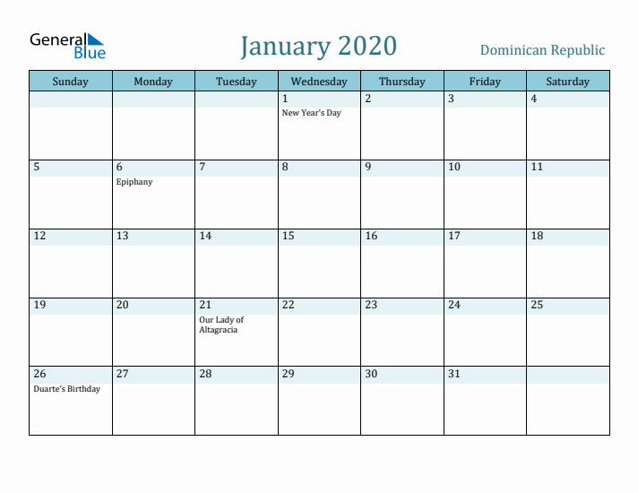 January 2020 Calendar with Holidays