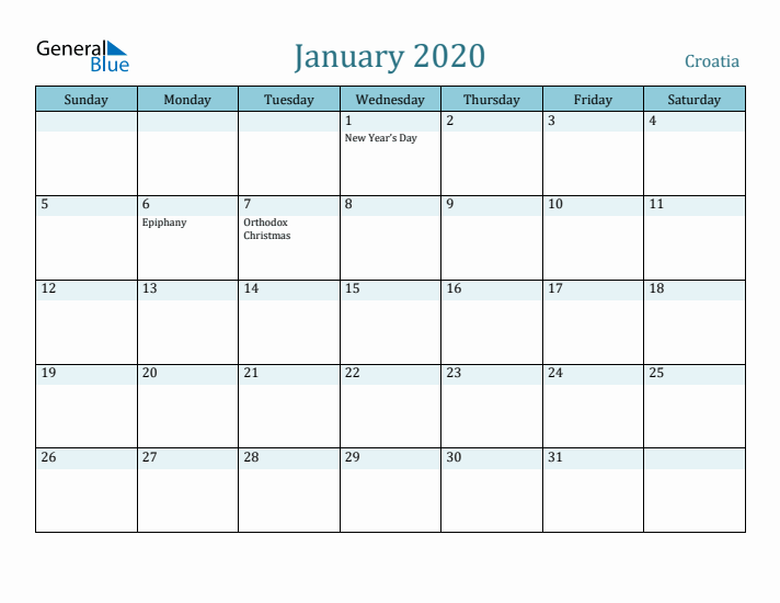 January 2020 Calendar with Holidays