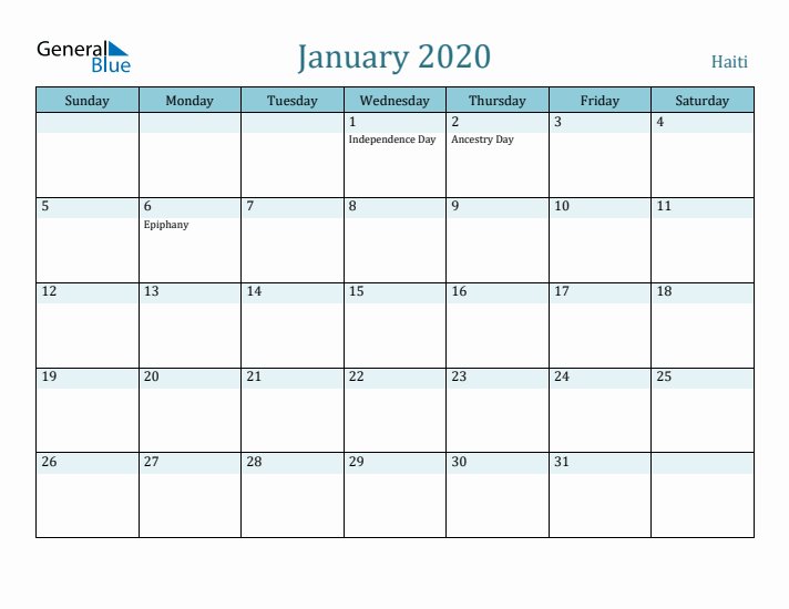 January 2020 Calendar with Holidays