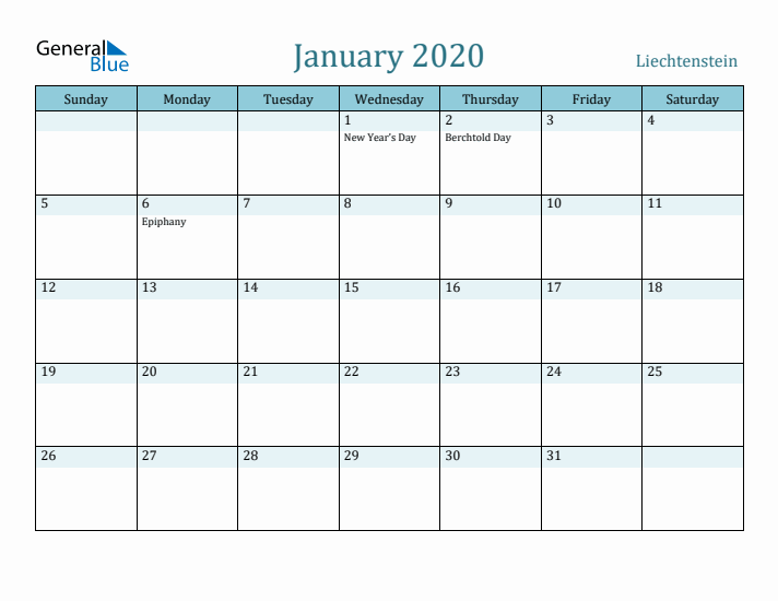 January 2020 Calendar with Holidays