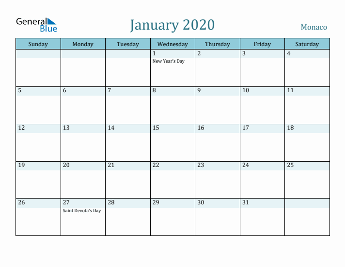 January 2020 Calendar with Holidays