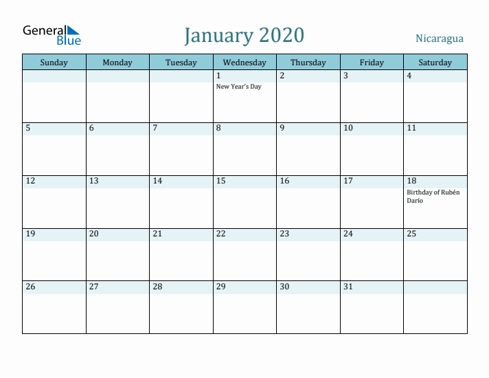 January 2020 Calendar with Holidays