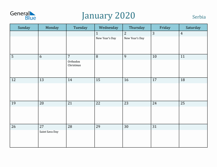 January 2020 Calendar with Holidays