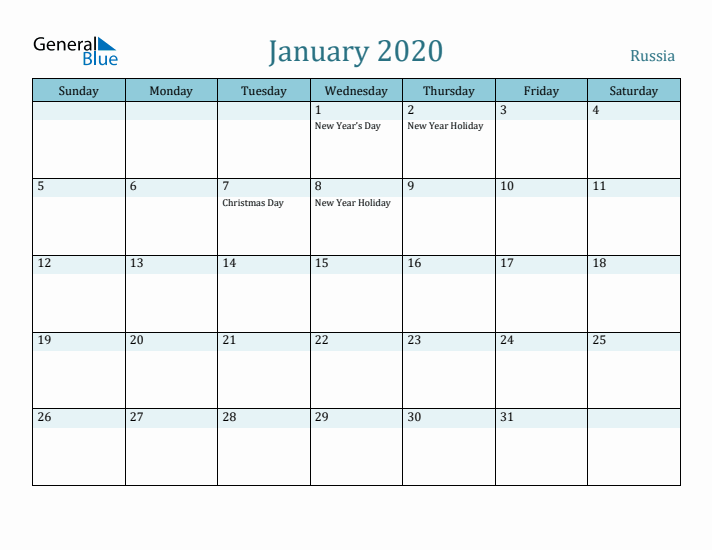 January 2020 Calendar with Holidays