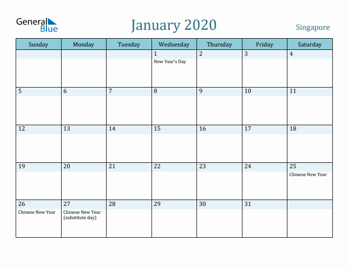 January 2020 Calendar with Holidays