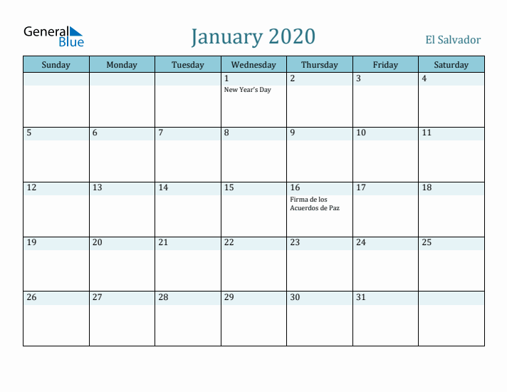 January 2020 Calendar with Holidays