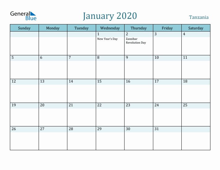 January 2020 Calendar with Holidays