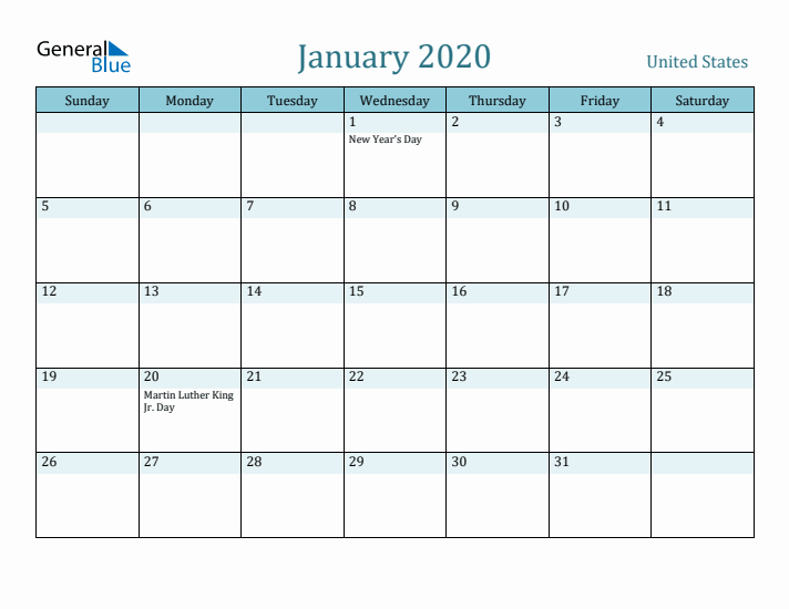 January 2020 Calendar with Holidays