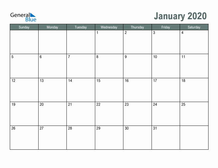 Free Printable January 2020 Calendar