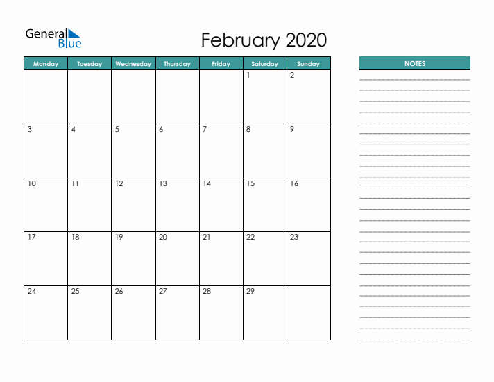 February 2020 Calendar with Notes