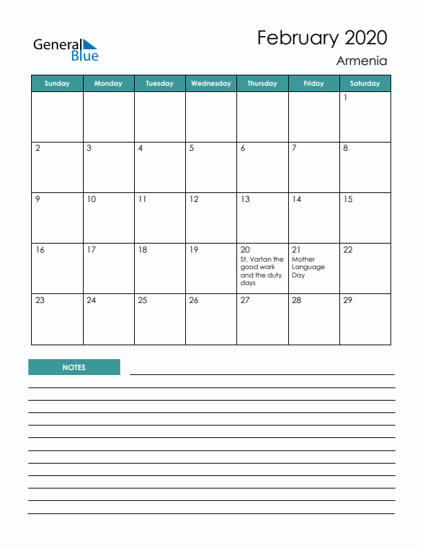 Calendar with Notes Printable - Sunday Start