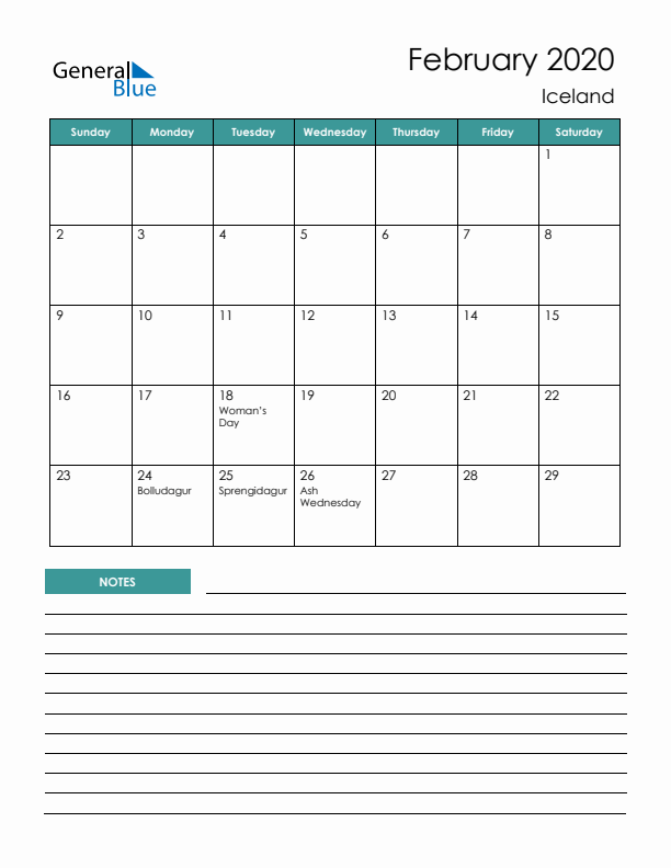 Calendar with Notes Printable - Sunday Start