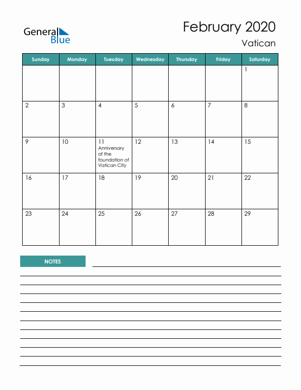 Calendar with Notes Printable - Sunday Start