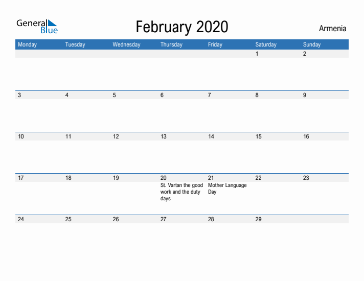 Fillable February 2020 Calendar