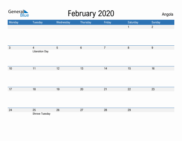 Fillable February 2020 Calendar