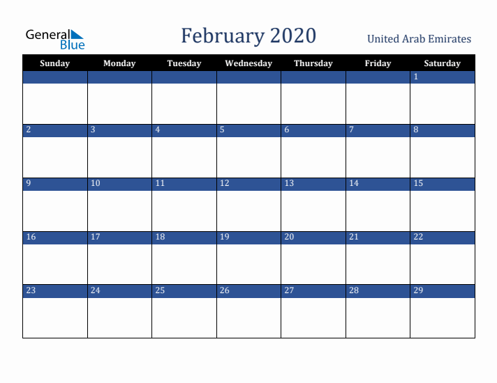 February 2020 United Arab Emirates Calendar (Sunday Start)