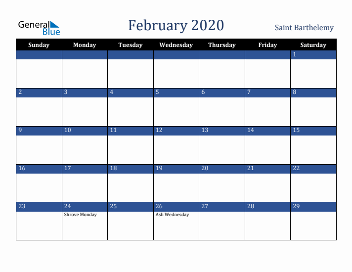 February 2020 Saint Barthelemy Calendar (Sunday Start)