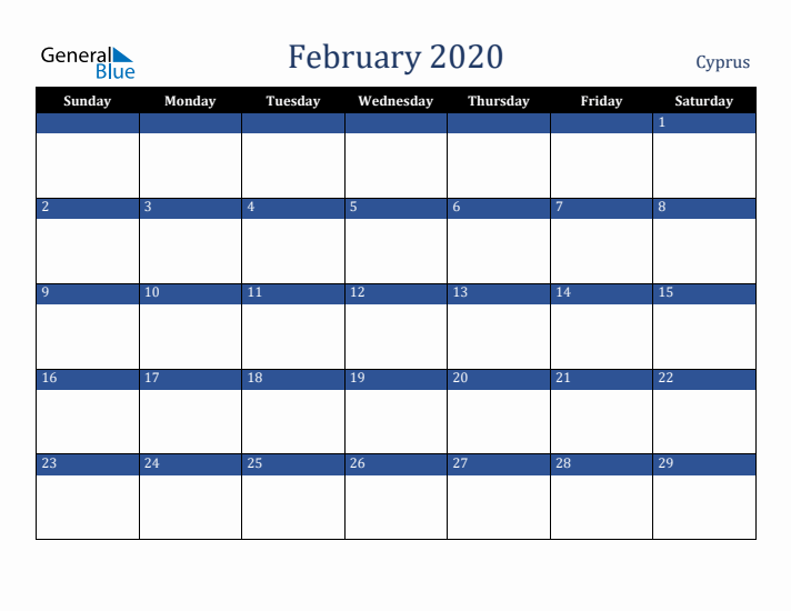 February 2020 Cyprus Calendar (Sunday Start)