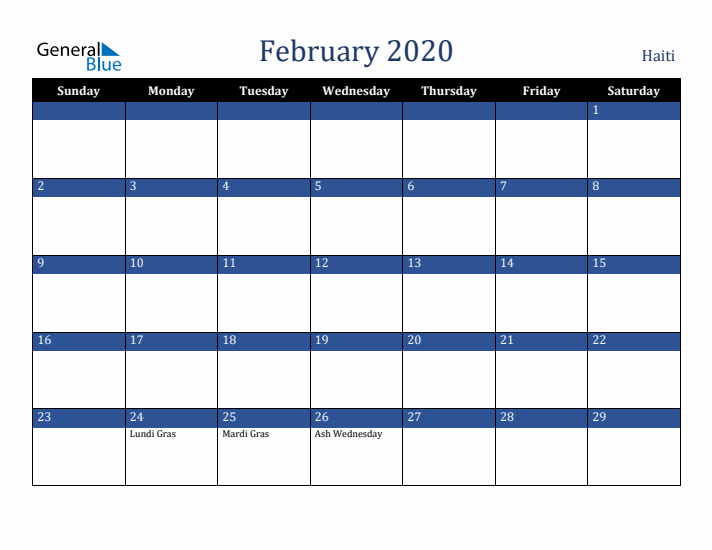 February 2020 Haiti Calendar (Sunday Start)