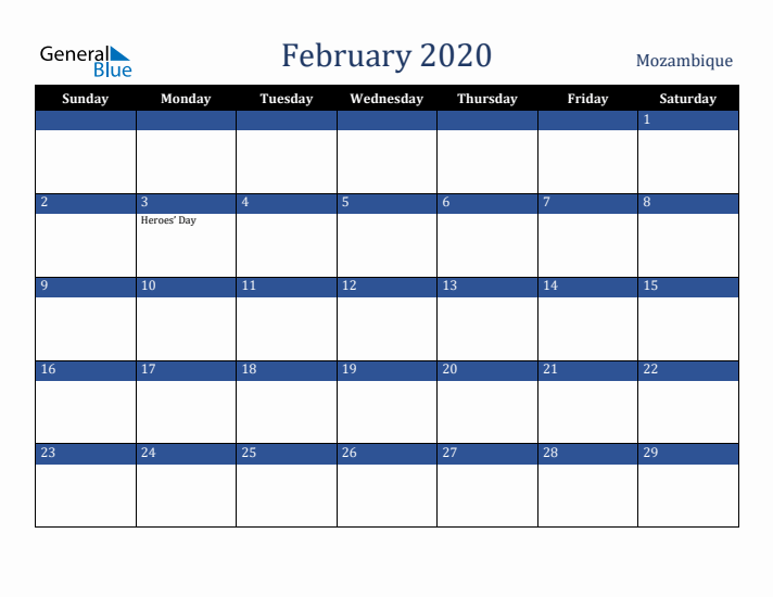 February 2020 Mozambique Calendar (Sunday Start)