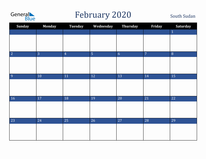 February 2020 South Sudan Calendar (Sunday Start)