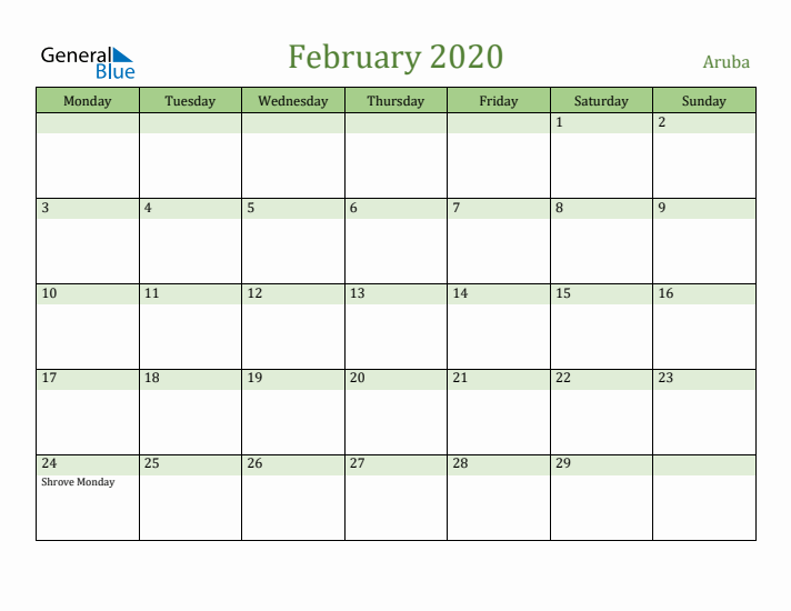 February 2020 Calendar with Aruba Holidays