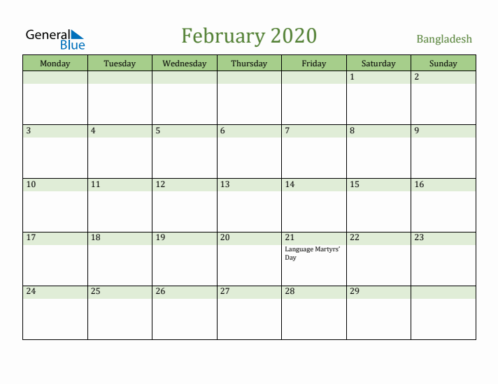 February 2020 Calendar with Bangladesh Holidays