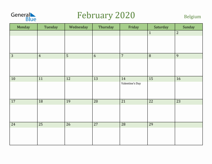 February 2020 Calendar with Belgium Holidays