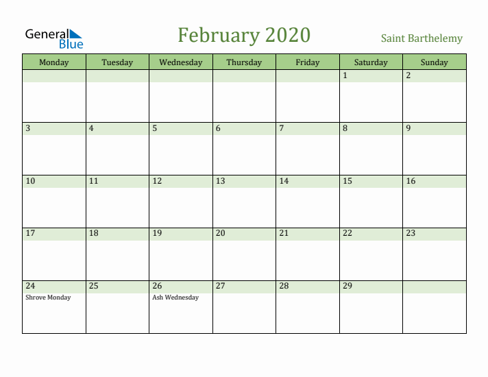 February 2020 Calendar with Saint Barthelemy Holidays