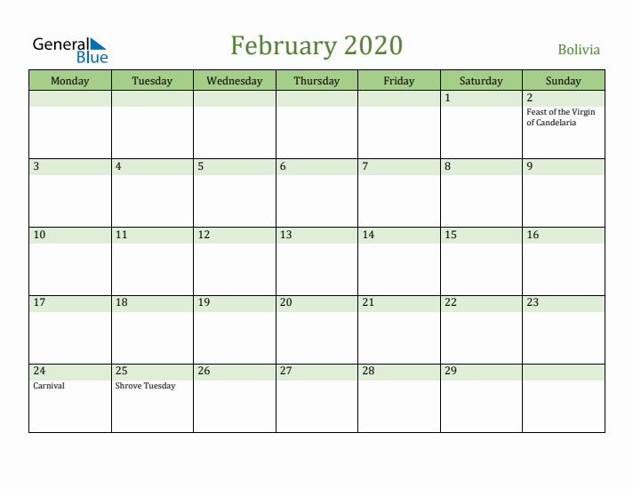 February 2020 Calendar with Bolivia Holidays