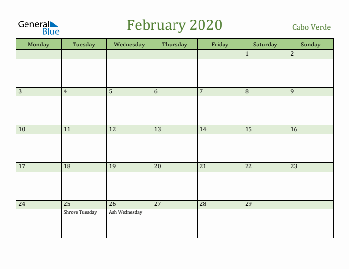 February 2020 Calendar with Cabo Verde Holidays