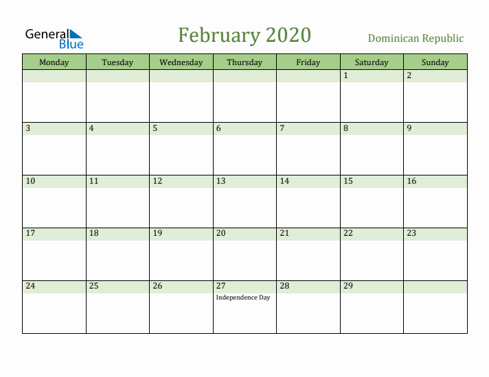 February 2020 Calendar with Dominican Republic Holidays