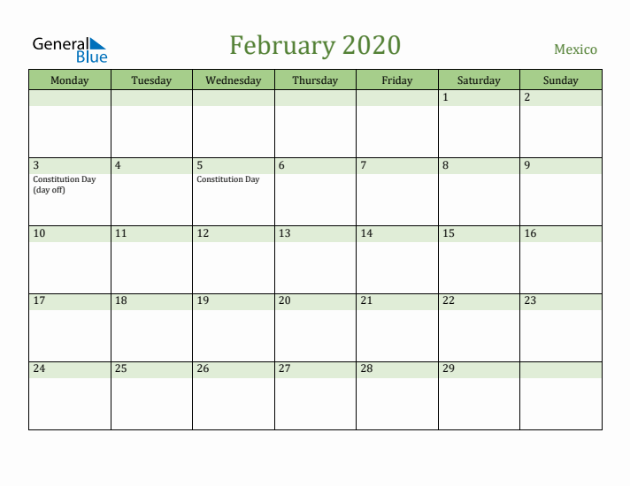 February 2020 Calendar with Mexico Holidays