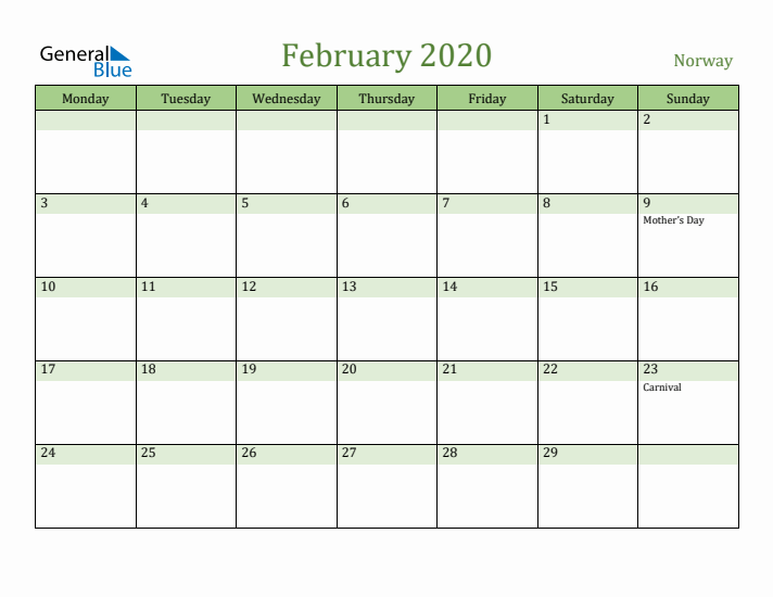 February 2020 Calendar with Norway Holidays