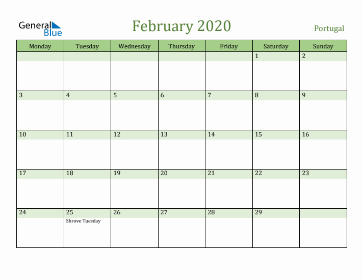 February 2020 Calendar with Portugal Holidays