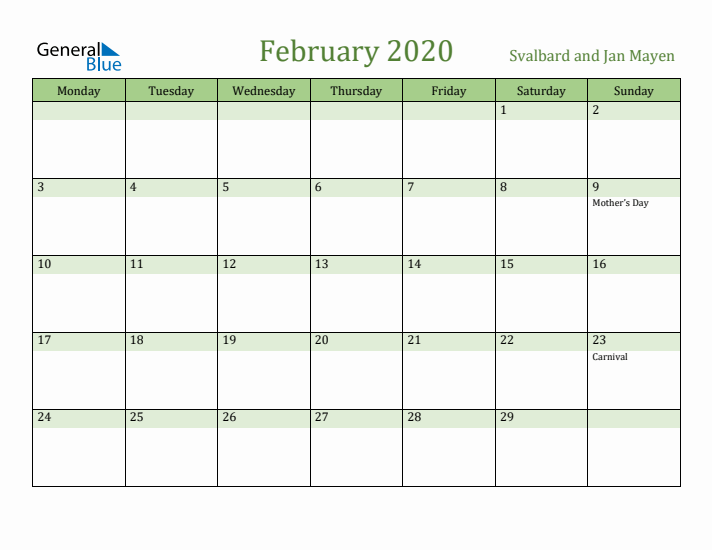 February 2020 Calendar with Svalbard and Jan Mayen Holidays