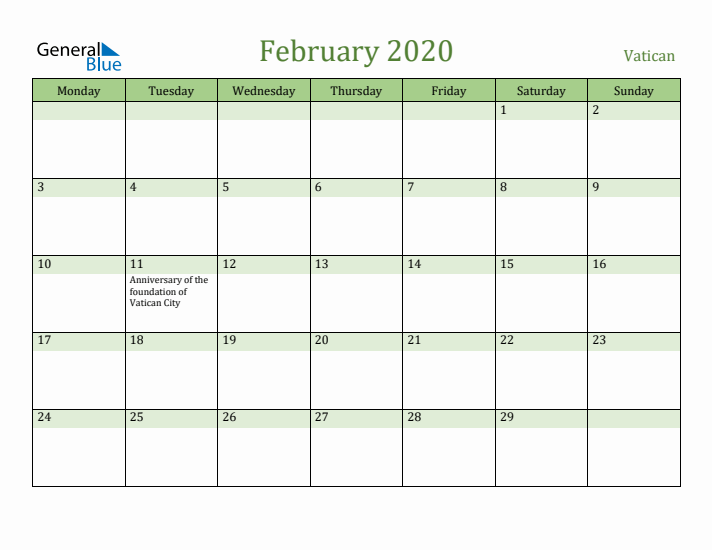 February 2020 Calendar with Vatican Holidays