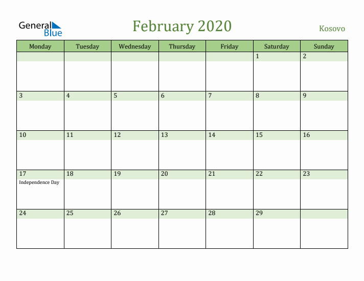 February 2020 Calendar with Kosovo Holidays