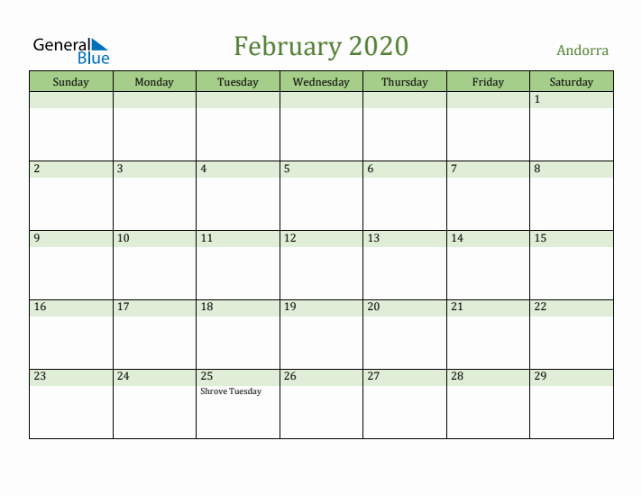 February 2020 Calendar with Andorra Holidays