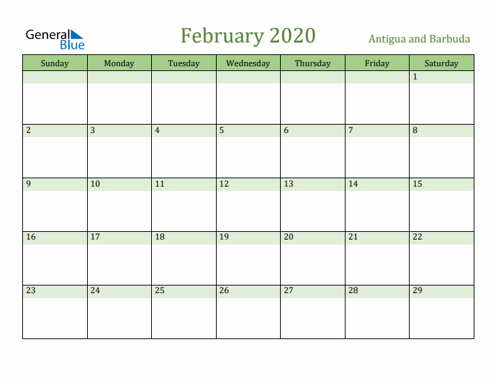 February 2020 Calendar with Antigua and Barbuda Holidays