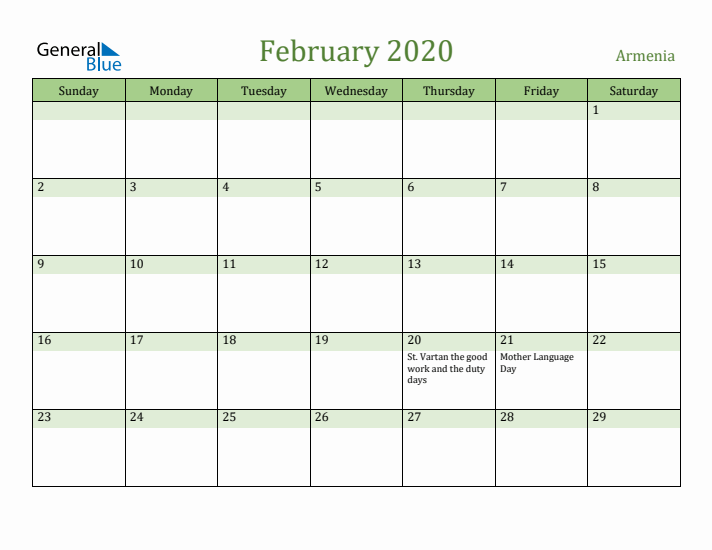 February 2020 Calendar with Armenia Holidays