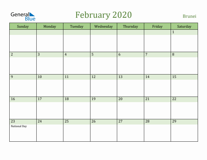 February 2020 Calendar with Brunei Holidays