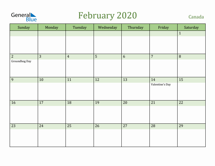 February 2020 Calendar with Canada Holidays