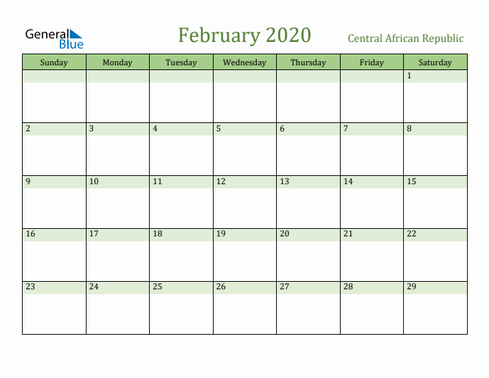 February 2020 Calendar with Central African Republic Holidays