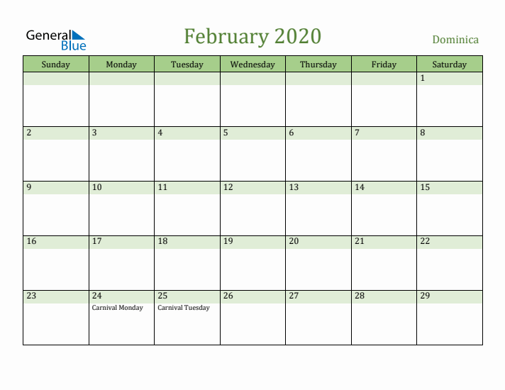 February 2020 Calendar with Dominica Holidays