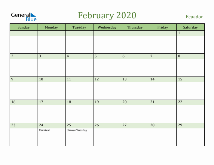 February 2020 Calendar with Ecuador Holidays