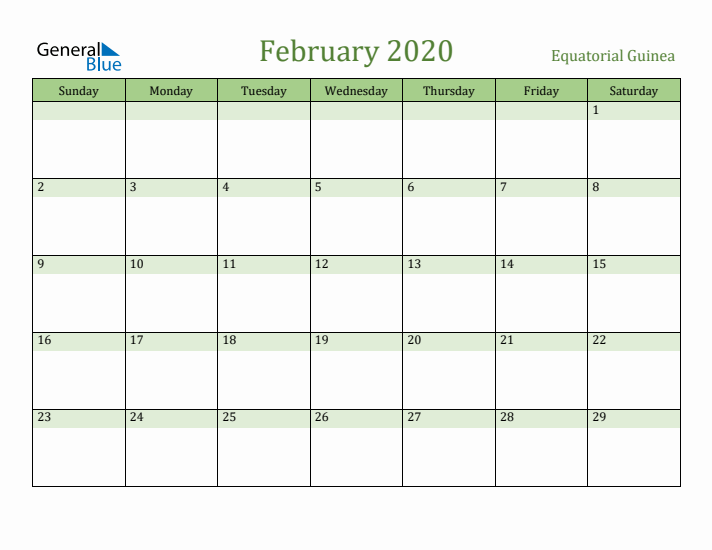 February 2020 Calendar with Equatorial Guinea Holidays