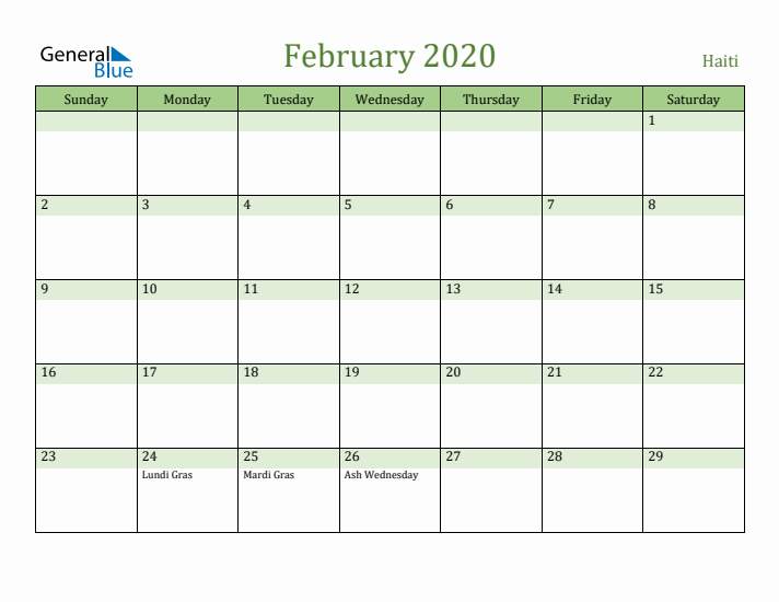 February 2020 Calendar with Haiti Holidays