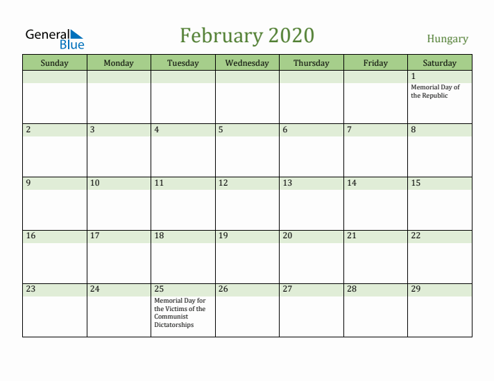 February 2020 Calendar with Hungary Holidays