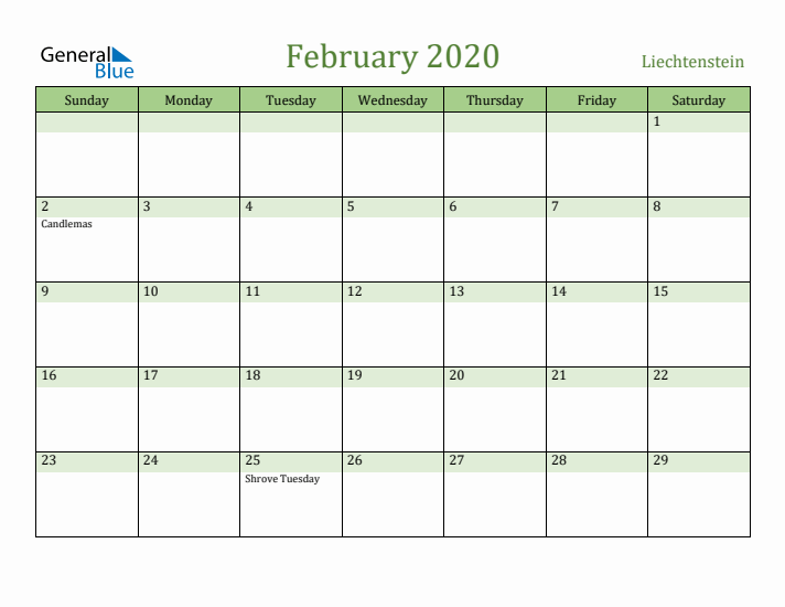 February 2020 Calendar with Liechtenstein Holidays